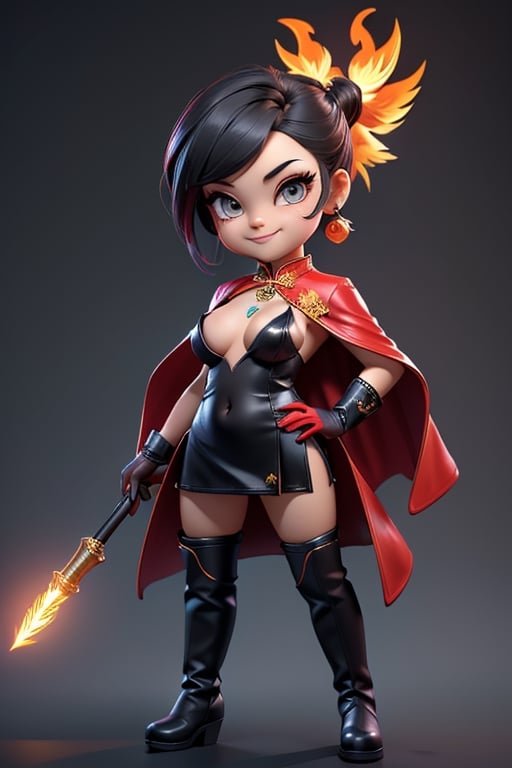 ((best quality)), ((masterpiece)), ((ultra-detailed)), high resolution, chibi girl, black ponytail, dark grey eyes, futuristic clothing, dynamic pose, cute, mischievous smile, happy, simple background, full body, 3DMM, chibi, dynamic pose, cyberpunk, black and red robe, long boots, big head, Color magic, Saturated colors, phoenix robe, leather miniskirt, long_gloves, High detailed , baton, cleavage, oppai, chibi, sexy cheongsam, necklace, belly button, nipples