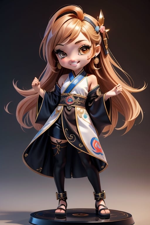 ((best quality)), ((masterpiece)), ((ultra-detailed)), high resolution, chibi girl, fluffy hair, brown eyes, futuristic clothing, dynamic pose, cute, lite smile, happy, simple background, full body, 3DMM, High detailed, chibi, dynamic pose, cyberpunk, hanfu, showing shoulders,