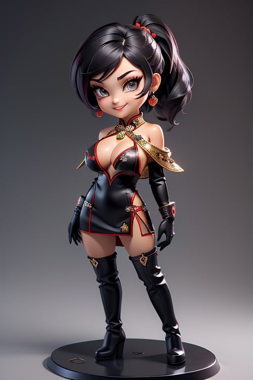 ((best quality)), ((masterpiece)), ((ultra-detailed)), high resolution, chibi girl, black ponytail, dark grey eyes, futuristic clothing, dynamic pose, cute, mischievous smile, happy, simple background, full body, 3DMM, chibi, dynamic pose, cyberpunk, black and red robe, long boots, big head, Color magic, Saturated colors, tiger motive robe, leather miniskirt, print shirt, long_gloves, High detailed , weapons, cleavage, big breast, chibi, cheongsam, necklace, showing shoulder