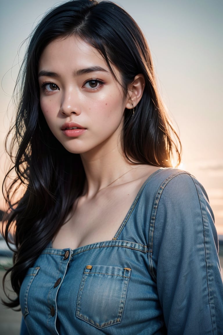 A beautiful indonesian girl, long wavy hair, wearing denim cover all fashion, super high quality, real images, lifelike, real skin, soft lighting, Cinematic, (Surrealism: 1.2), (8K UHD: 1.2), (Photorealism: 1.2), Shot with medium format camera, Professional camera, Perfectly Delicate and Rich in Detail, (masterpiece, top quality, best quality, official art, beautiful and aesthetic:1.2), ((1girl)), dynamic pose, extreme detailed