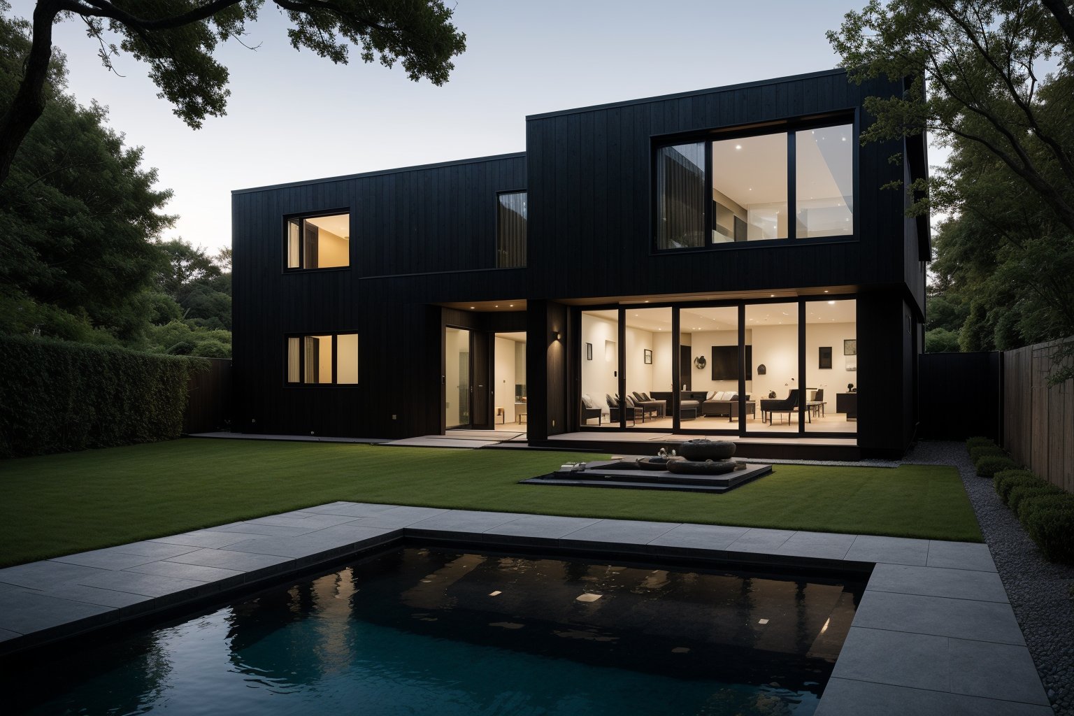 A serene photo-realistic depiction of a modern Japanese Black House, situated amidst a tranquil atmosphere. The structure's façade is a striking black with stone accents, punctuated by large windows that allow natural light to filter in. A minimalist approach has been taken with the design, allowing the building's clean lines and angular shapes to take center stage. The roof, too, is black, blending seamlessly into the surrounding landscape. In the foreground, a pebble-paved courtyard with shrubery and calming water pools invites contemplation, its simple beauty enhanced by the stark contrast of the house's dark exterior.