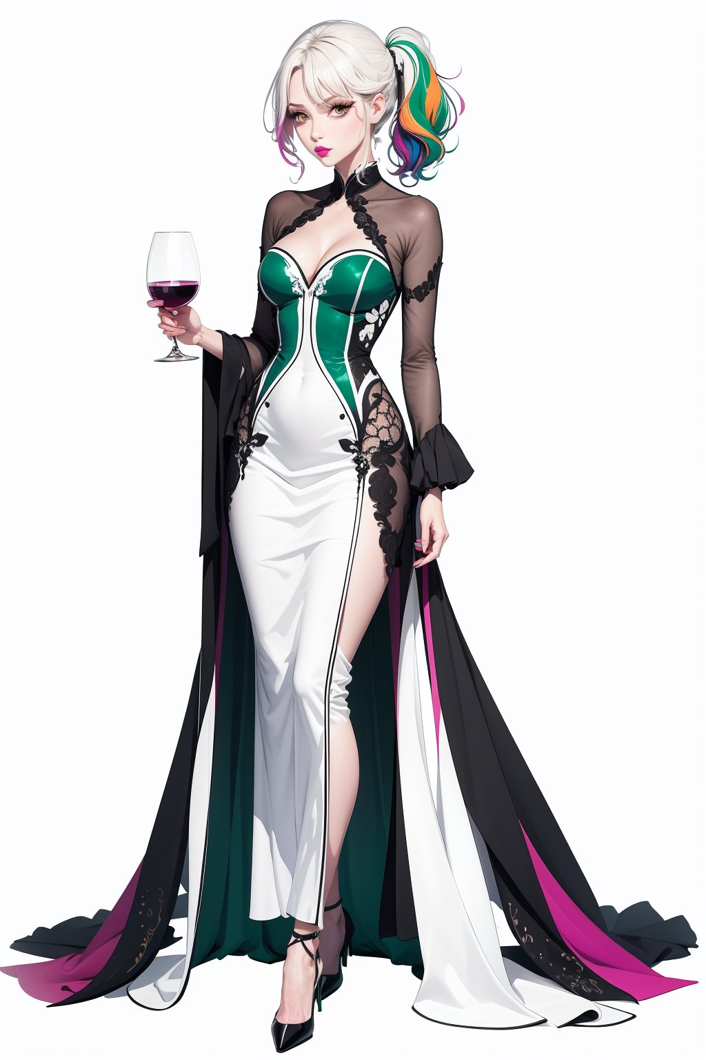 line art, solo female, standing seductively, multicolor lines, holding wine glass, sensual, side_view, full body, sexy heels, messy hair, revealing clothing, green lipstick, white background, pony_tail