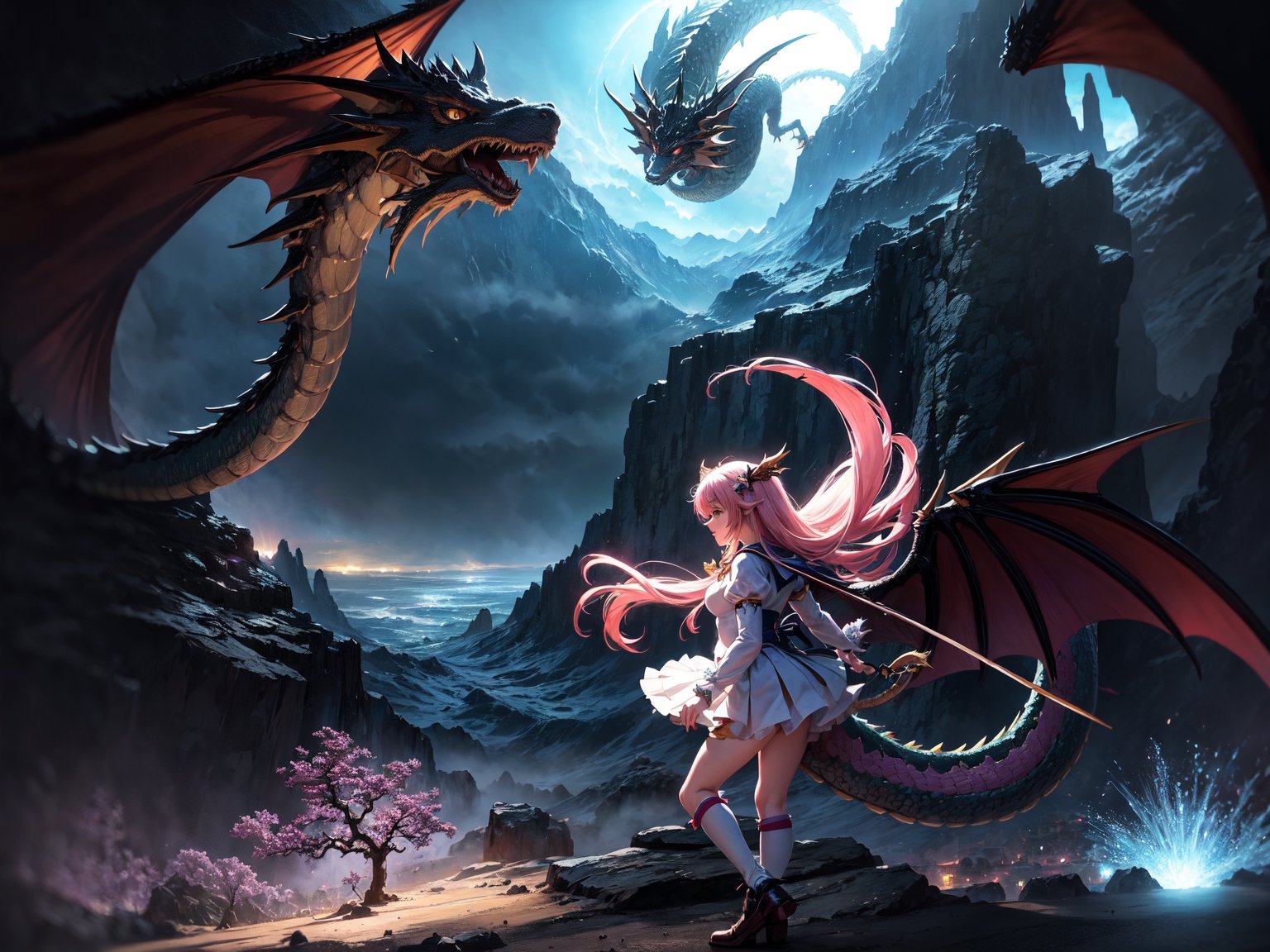 High quality, highly detailed, masterpiece, anime style digital illustration, soft anime tones, Japanese anime style, (Magic Dragon: 1.2) VS (Magical Girl: 1.2), detailed illustration of beautiful magical girl fighting with dragon, magic hat , fantasy world, stunning landscapes, mystical atmosphere, 3D effects, luminism, Albert Anker, 3d rendering, octane rendering, cinema, isometric, by yukisakura, awesome full color,