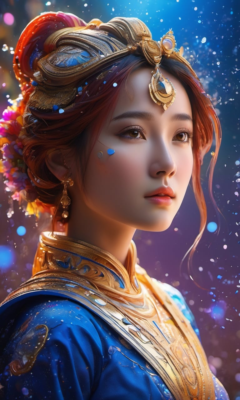 masterpiece, best quality, (extremely detailed CG unity 8k wallpaper, masterpiece, best quality, ultra-detailed, best shadow), (detailed background), (beautiful detailed face, beautiful detailed eyes), High contrast, (best illumination, an extremely delicate and beautiful),1girl,((colourful paint splashes on transparent background, dulux,)), ((caustic)), dynamic angle,beautiful detailed glow,full body,beautymix,Renaissance Sci-Fi Fantasy