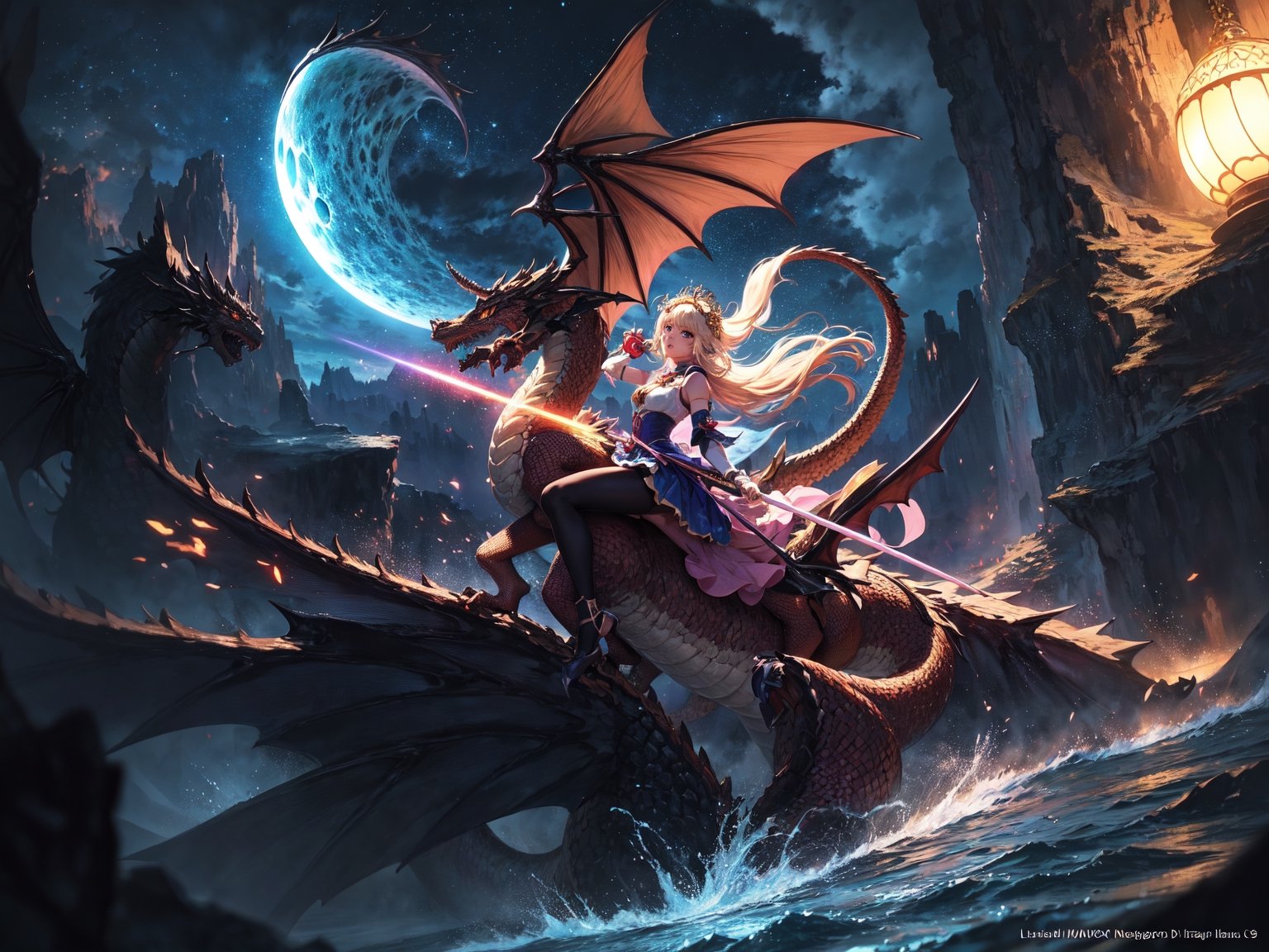 High quality, highly detailed, masterpiece, anime style digital illustration, soft anime tones, Japanese anime style, (Magic Dragon: 1.2) VS (Magical Girl: 1.2), detailed illustration of beautiful magical girl fighting with dragon, magic hat , fantasy world, stunning landscapes, mystical atmosphere, 3D effects, luminism, Albert Anker, 3d rendering, octane rendering, cinema, isometric, by yukisakura, awesome full color,