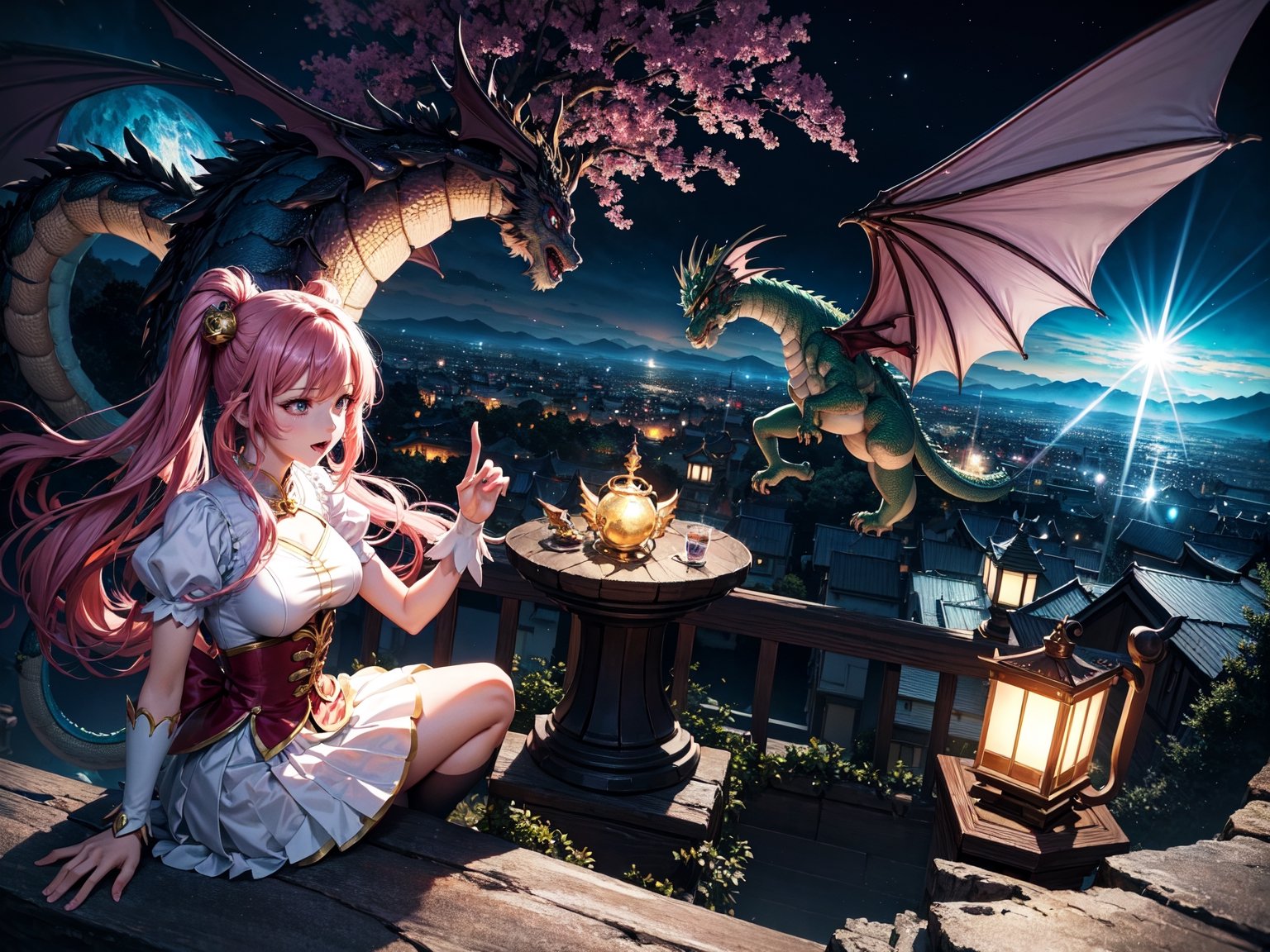 High quality, highly detailed, masterpiece, anime style digital illustration, soft anime tones, Japanese anime style, (Magic Dragon: 1.2) VS (Magical Girl: 1.2), detailed illustration of beautiful magical girl fighting with dragon, magic hat , fantasy world, stunning landscapes, mystical atmosphere, 3D effects, luminism, Albert Anker, 3d rendering, octane rendering, cinema, isometric, by yukisakura, awesome full color,