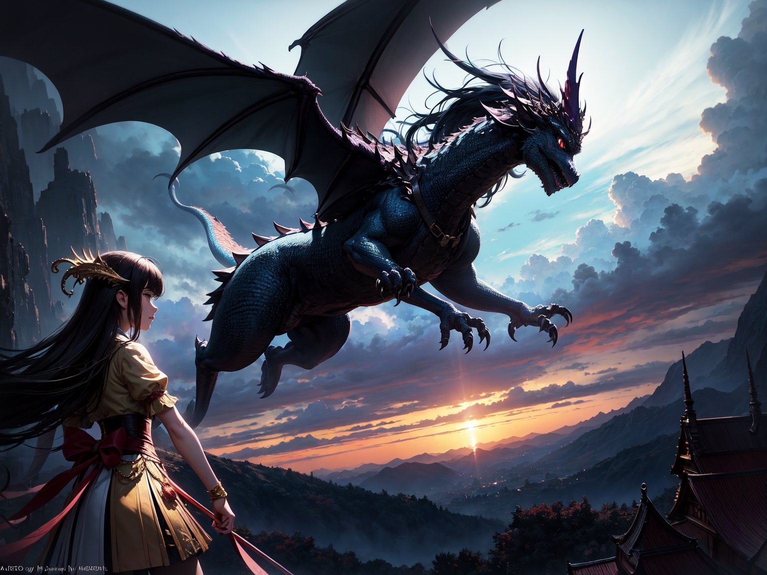 high quality, highly detailed, masterpiece, A digital illustration of anime style, soft anime tones, Feels like Japanese anime, A magical girl facing a dragon, Detailed illustration of a beautiful magical girl fighting a dragon, magical hat, fantasy world, breathtaking landscapes, mystical atmosphere, three dimensional effect, luminism, Albert Anker, Feeling like John Howe, 3d render, octane render, cinematic, Isometric, by yukisakura, awesome full color,