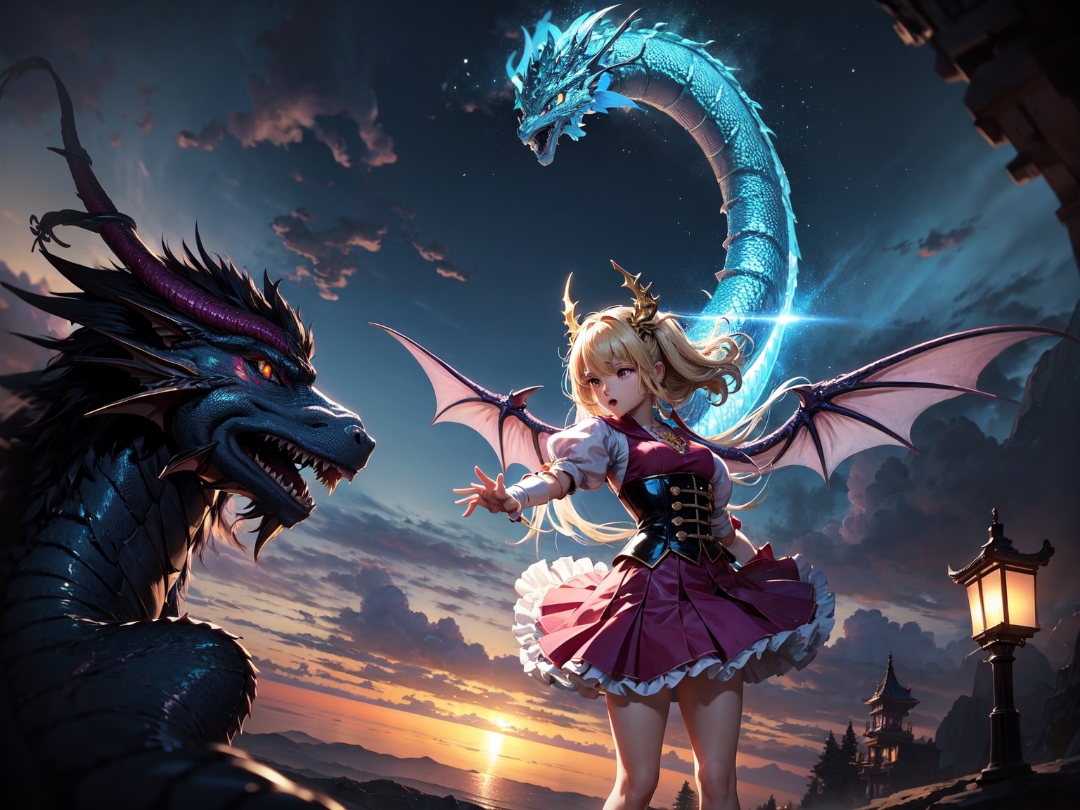 High quality, highly detailed, masterpiece, anime style digital illustration, soft anime tones, Japanese anime style, (Magic Dragon: 1.2) VS (Magical Girl: 1.2), detailed illustration of beautiful magical girl fighting with dragon, magic hat , fantasy world, stunning landscapes, mystical atmosphere, 3D effects, luminism, Albert Anker, 3d rendering, octane rendering, cinema, isometric, by yukisakura, awesome full color,