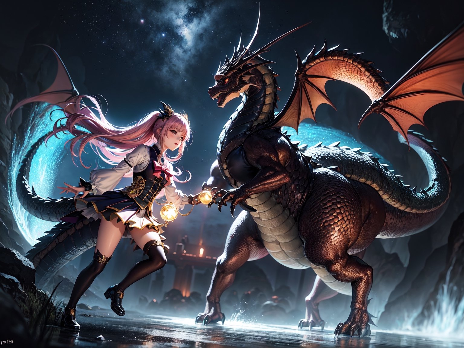 High quality, highly detailed, masterpiece, anime style digital illustration, soft anime tones, Japanese anime style, (Magic Dragon: 1.2) VS (Magical Girl: 1.2), detailed illustration of beautiful magical girl fighting with dragon, magic hat , fantasy world, stunning landscapes, mystical atmosphere, 3D effects, luminism, Albert Anker, 3d rendering, octane rendering, cinema, isometric, by yukisakura, awesome full color,