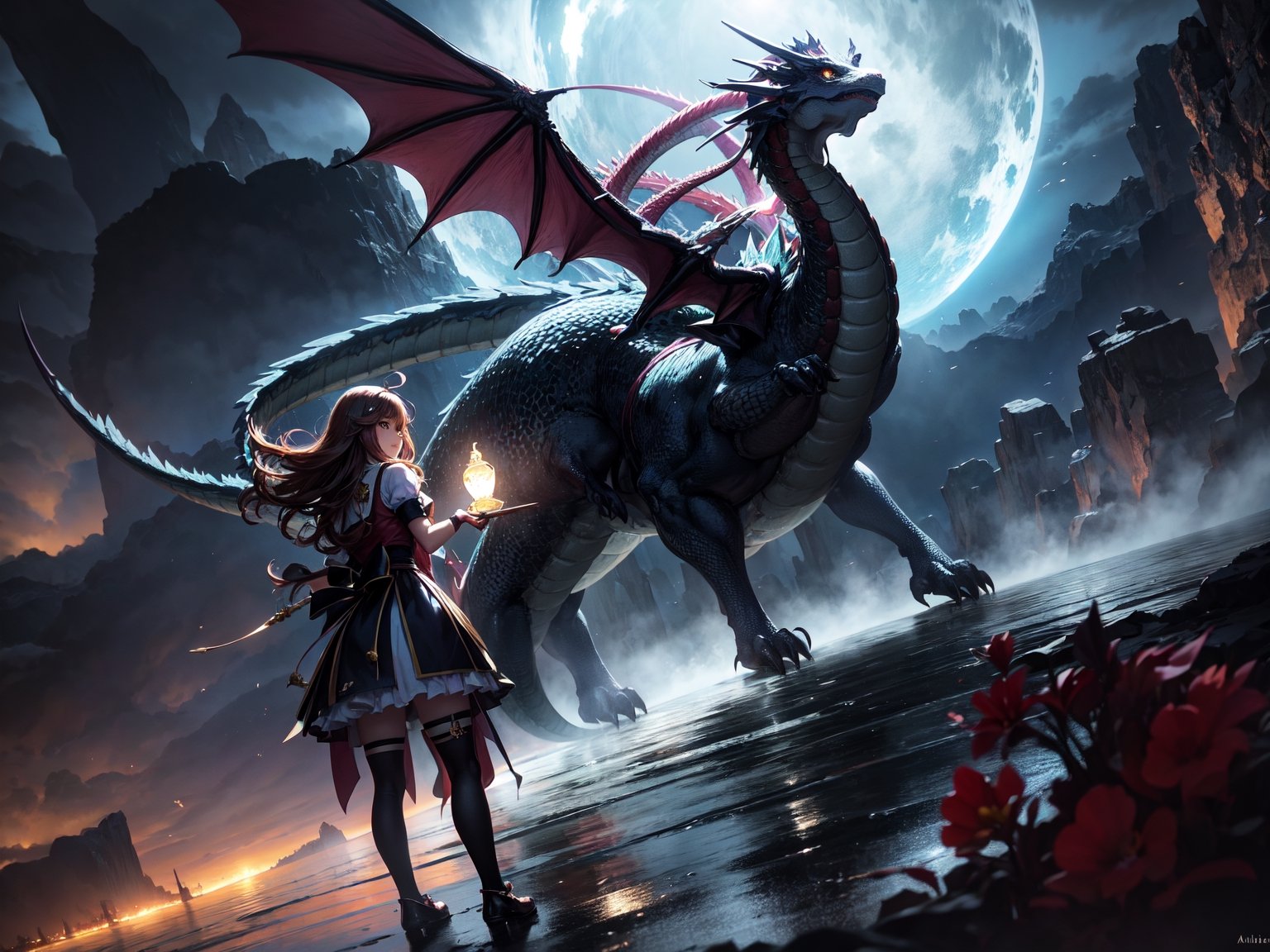 High quality, highly detailed, masterpiece, anime style digital illustration, soft anime tones, Japanese anime style, (Magic Dragon: 1.2) VS (Magical Girl: 1.2), detailed illustration of beautiful magical girl fighting with dragon, magic hat , fantasy world, stunning landscapes, mystical atmosphere, 3D effects, luminism, Albert Anker, 3d rendering, octane rendering, cinema, isometric, by yukisakura, awesome full color,