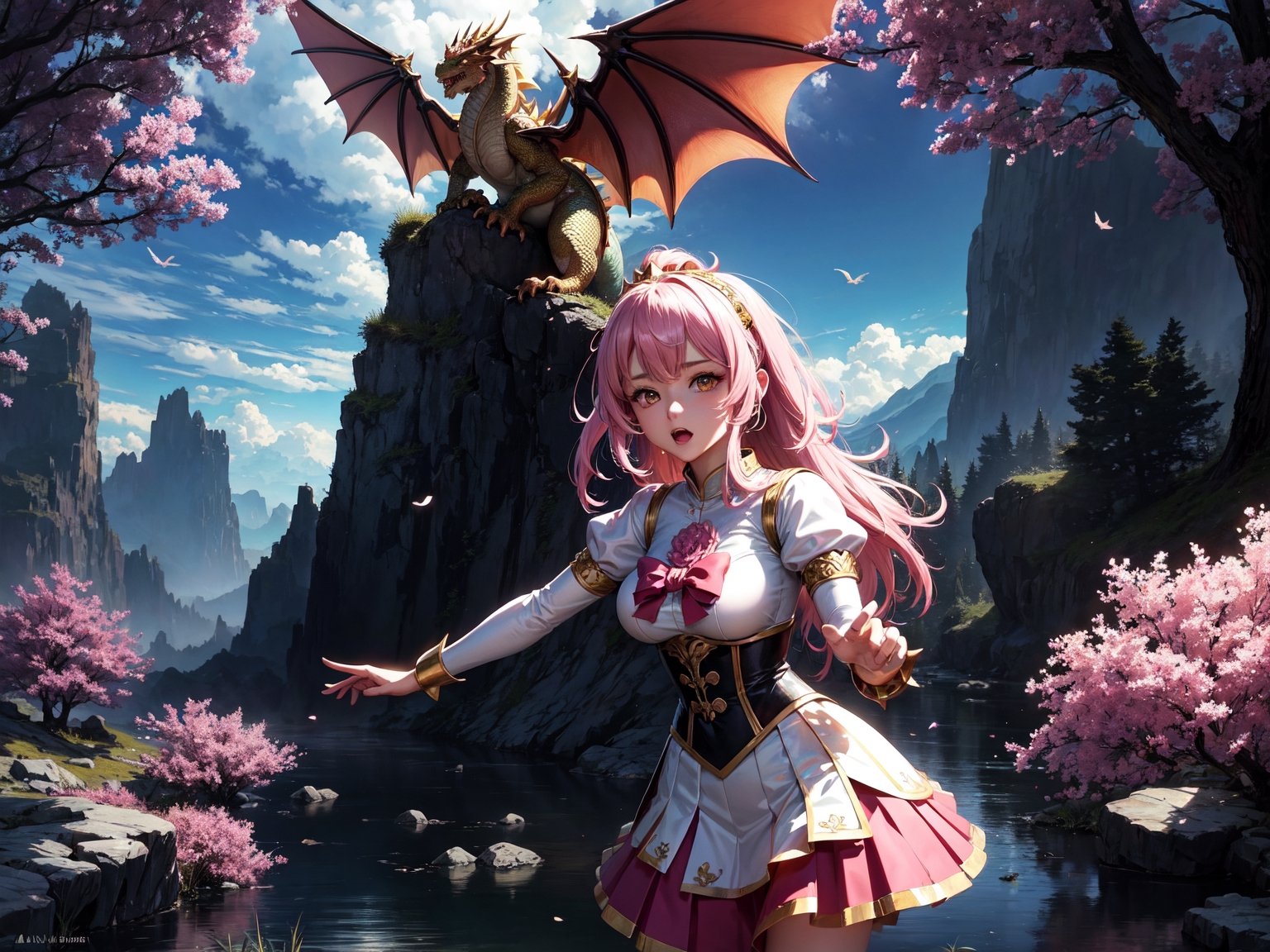 High quality, highly detailed, masterpiece, anime style digital illustration, soft anime tones, Japanese anime style, (Magic Dragon: 1.2) VS (Magical Girl: 1.2), detailed illustration of beautiful magical girl fighting with dragon, magic hat , fantasy world, stunning landscapes, mystical atmosphere, 3D effects, luminism, Albert Anker, 3d rendering, octane rendering, cinema, isometric, by yukisakura, awesome full color,