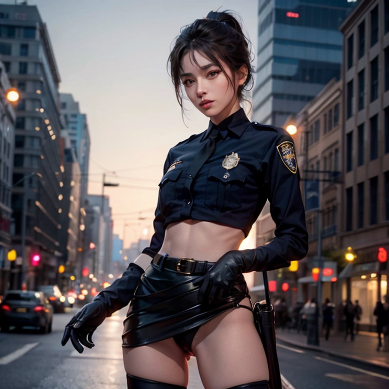 photorealistic, HDR, cinematic lighting, sharp focus, ponytail, serious, black thigh length boots, beautiful young policewoman,Movie Still, small breasts, beautiful face,detailed face, vagina showing, no panties, black gloves,sexy,pussy,Lady police ,skirtlif, beautiful long legs,DOA,blurry_light_background,ishanka