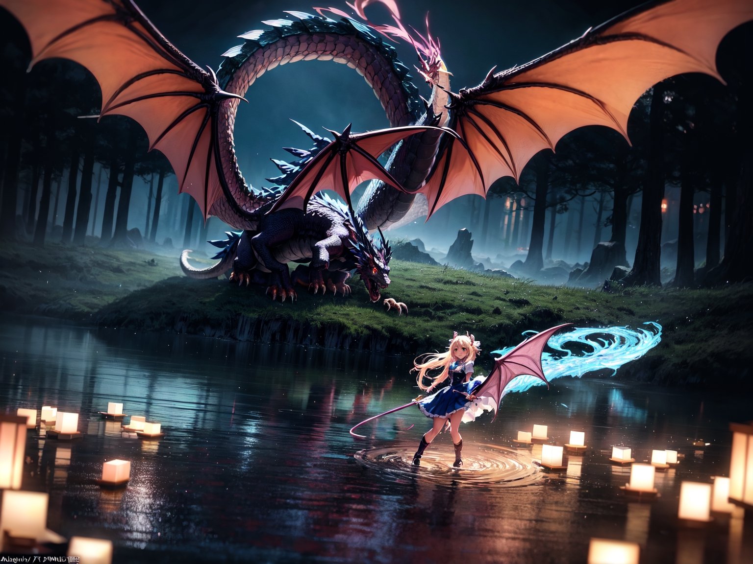 High quality, highly detailed, masterpiece, anime style digital illustration, soft anime tones, Japanese anime style, (Magic Dragon: 1.2) VS (Magical Girl: 1.2), detailed illustration of beautiful magical girl fighting with dragon, magic hat , fantasy world, stunning landscapes, mystical atmosphere, 3D effects, luminism, Albert Anker, 3d rendering, octane rendering, cinema, isometric, by yukisakura, awesome full color,