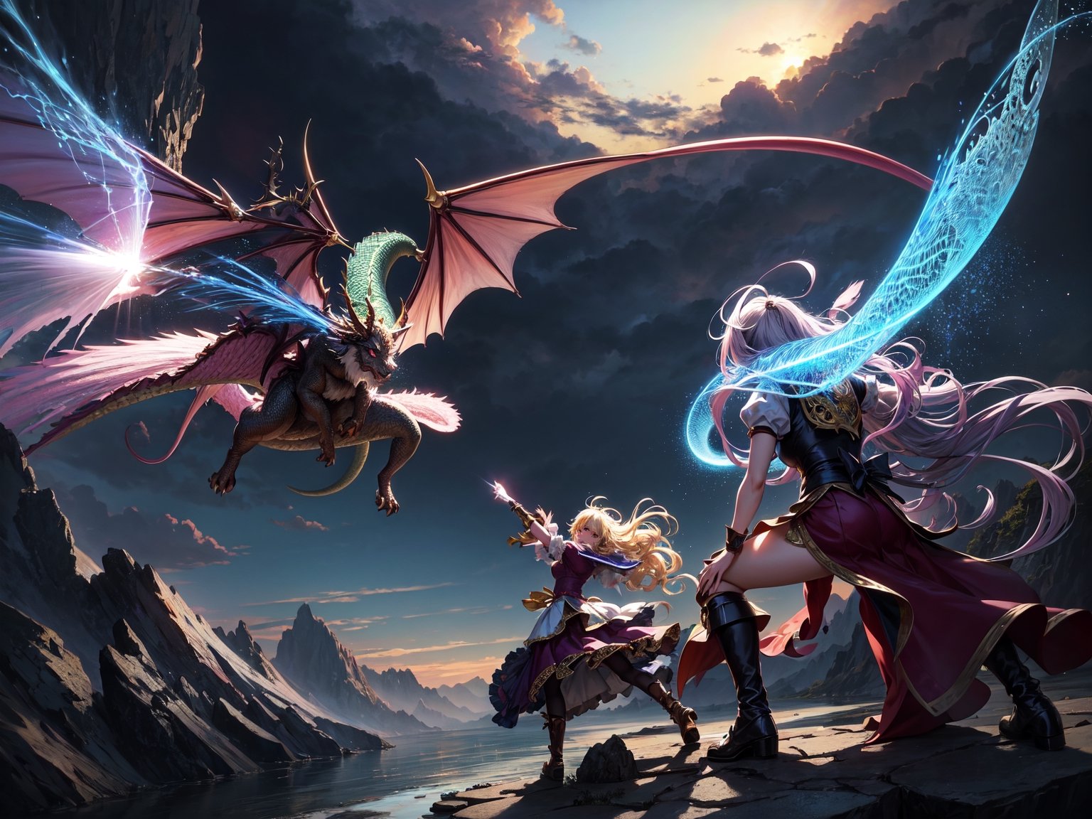 High quality, highly detailed, masterpiece, anime style digital illustration, soft anime tones, Japanese anime style, (Magic Dragon: 1.2) VS (Magical Girl: 1.2), detailed illustration of beautiful magical girl fighting with dragon, magic hat , fantasy world, stunning landscapes, mystical atmosphere, 3D effects, luminism, Albert Anker, 3d rendering, octane rendering, cinema, isometric, by yukisakura, awesome full color,