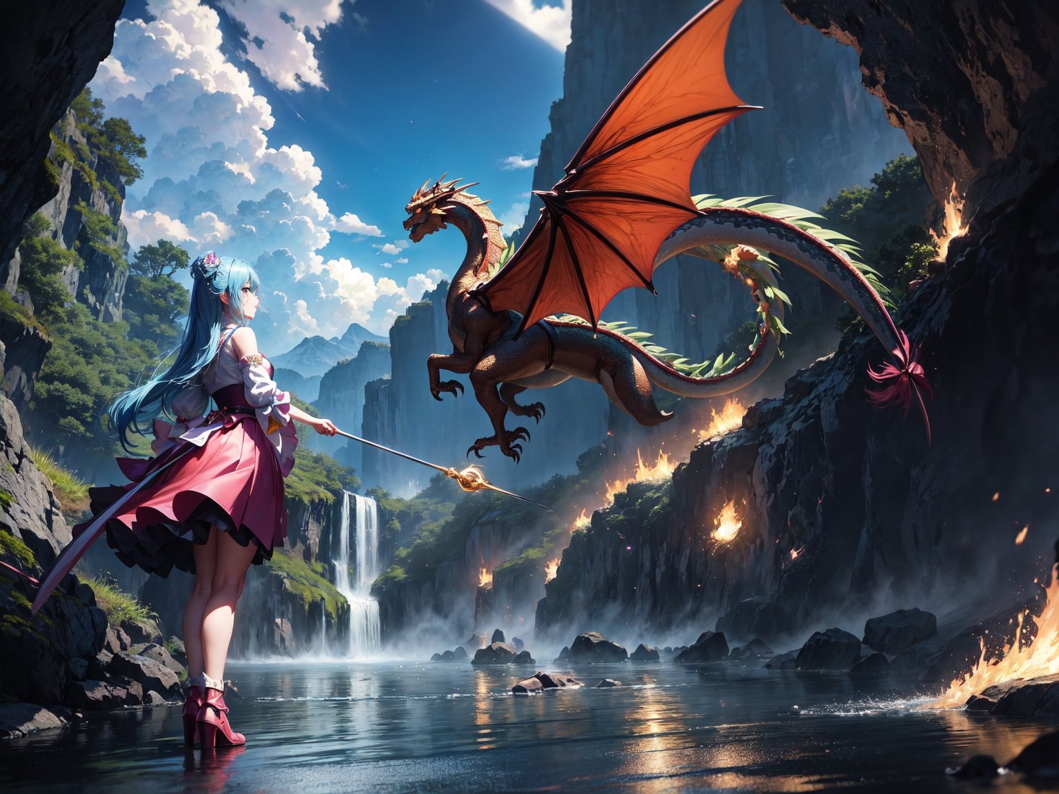 High quality, highly detailed, masterpiece, anime style digital illustration, soft anime tones, Japanese anime style, (Magic Dragon: 1.2) VS (Magical Girl: 1.2), detailed illustration of beautiful magical girl fighting with dragon, magic hat , fantasy world, stunning landscapes, mystical atmosphere, 3D effects, luminism, Albert Anker, 3d rendering, octane rendering, cinema, isometric, by yukisakura, awesome full color,