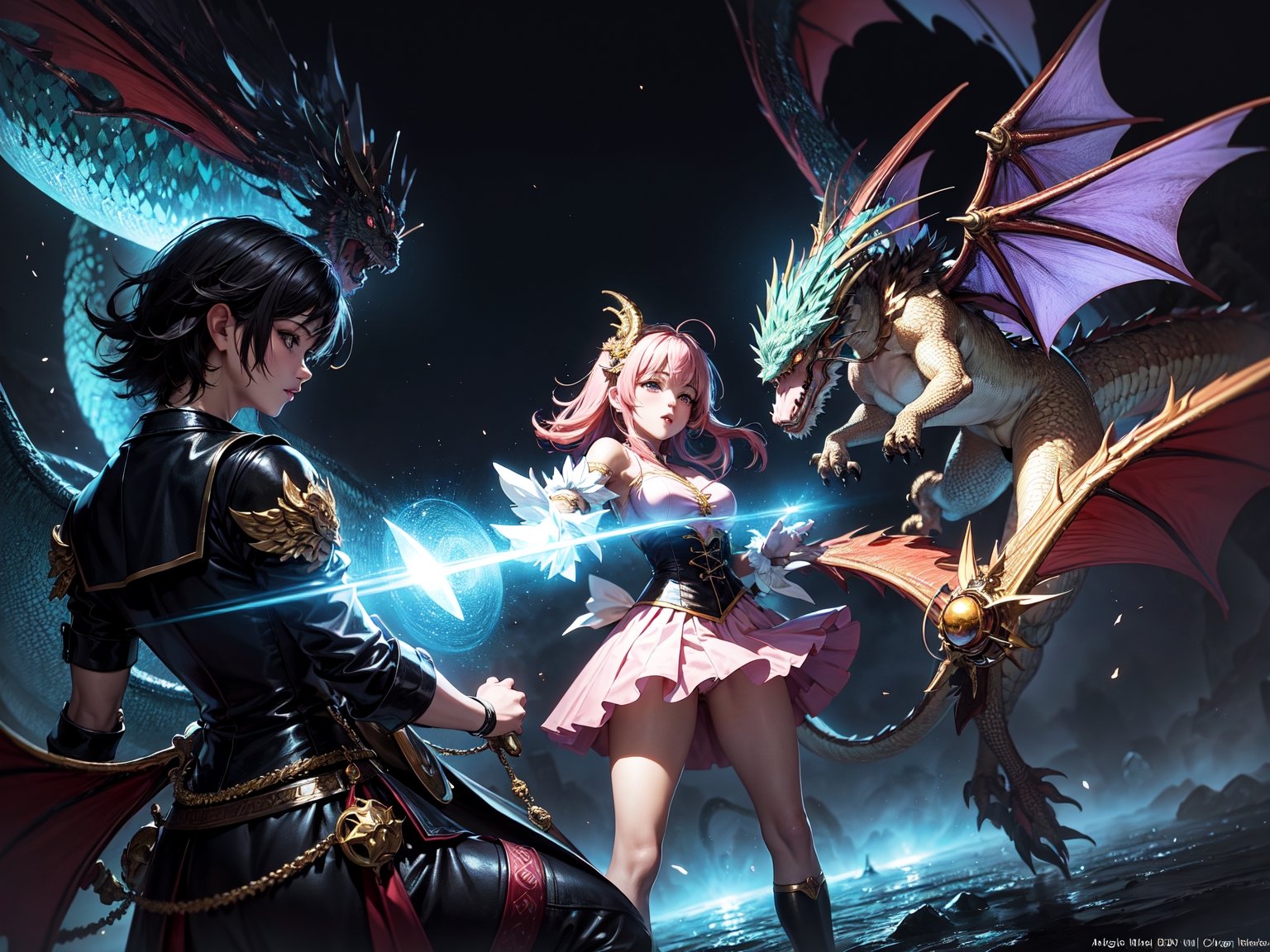 High quality, highly detailed, masterpiece, anime style digital illustration, soft anime tones, Japanese anime style, (Magic Dragon: 1.2) VS (Magical Girl: 1.2), detailed illustration of beautiful magical girl fighting with dragon, magic hat , fantasy world, stunning landscapes, mystical atmosphere, 3D effects, luminism, Albert Anker, 3d rendering, octane rendering, cinema, isometric, by yukisakura, awesome full color,