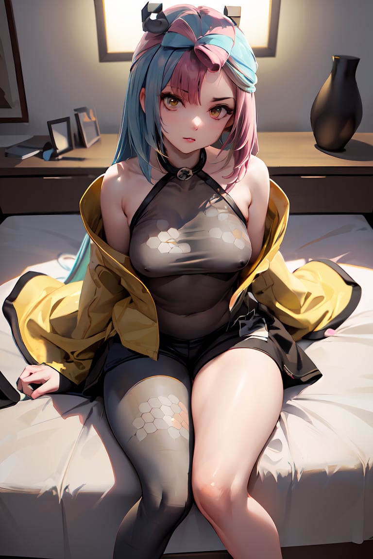 Sitting, ((highly detailed)),((perfect anatomy)),masterpiece,scenery,intricately detailed, hyperdetailed, blurry background, depth of field, best quality, intricate details,  tonemapping, sharp focus, hyper detailed, high 1res, ((at night)),((in bed room)),iono1,long hair, yellow jacket, long sleeves, hair ornament,short pants, from above 