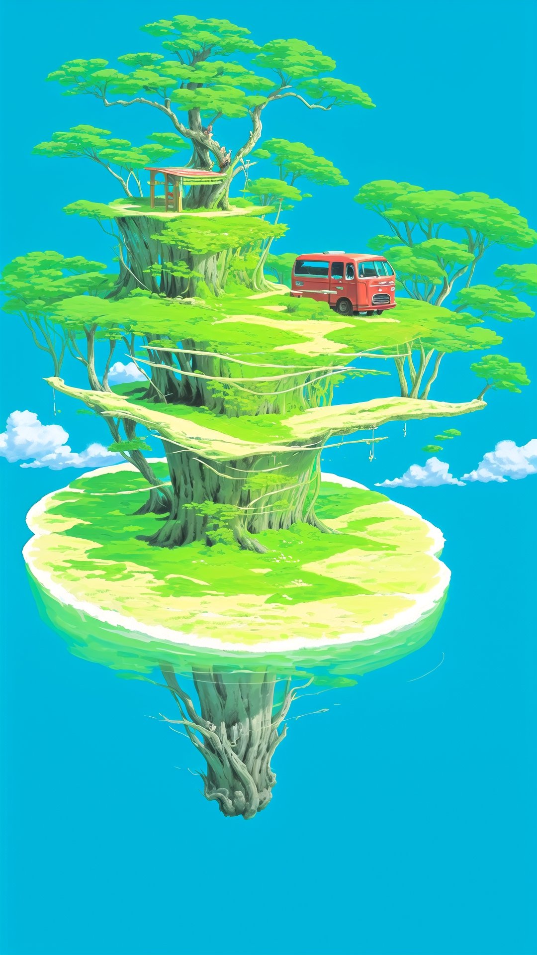 huge green treehouse floating over an ocean with surfable waves, in a vivid fantasy world, vibrant green and aqua blue