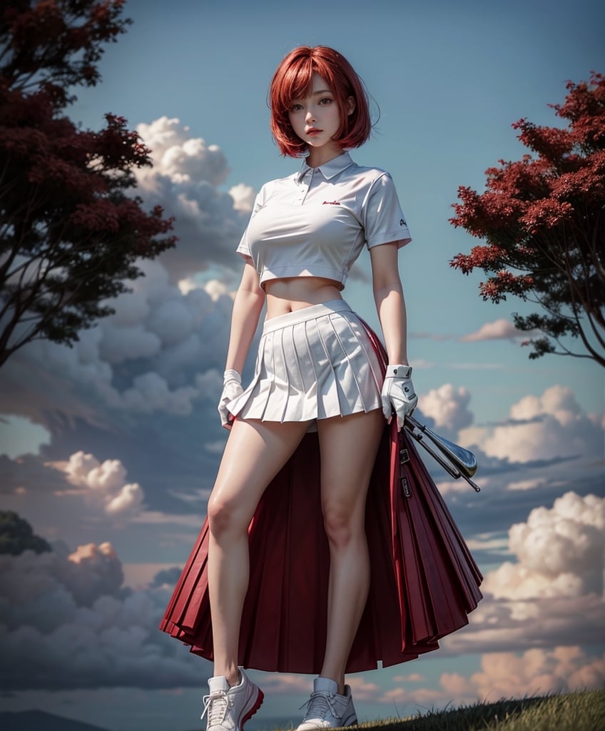 golf course, 1girl, pleated_skirt, short skirt, white skirt, short-sleeve crop top, depth of field, red hair, big hips, back, slighty_chubby, medium waist, medium hair