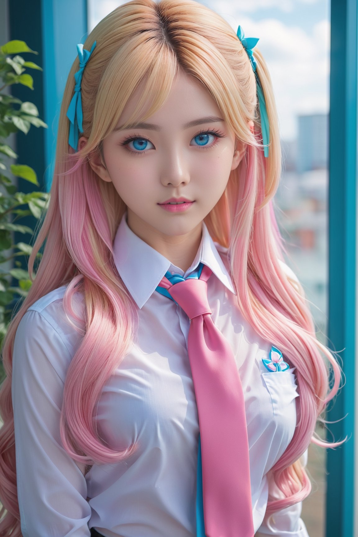 blond haired girl with blue tie and white shirt posing for a picture, belle delphine, pink long hair and cyan eyes, sakimichan, kawaii realistic portrait, mikudayo, beautiful anime high school girl, shikamimi, 8k)), hyperrealistic schoolgirl, anime cosplay, anime inspired, gigantic breast, thicc

High detailed ,realhands,Color magic,detailmaster2,korean girl