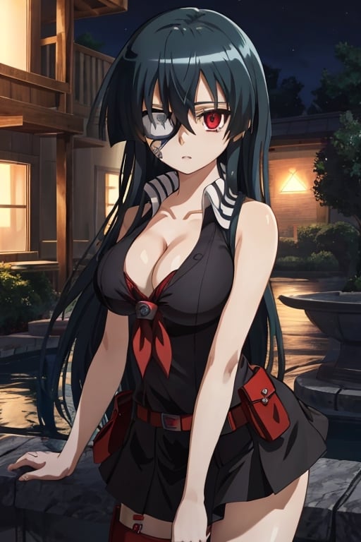 akame \(akame ga kill!\), akame (akame ga kill), (masterpiece, best quality), (black eye patch on right eye), cleavage, medium large breasts, short black skirt, extremely detailed, intricate details, lush detail, insanely detailed face, beautiful red right eye, shiny skin, sharp eyes), (one girl), (night)
