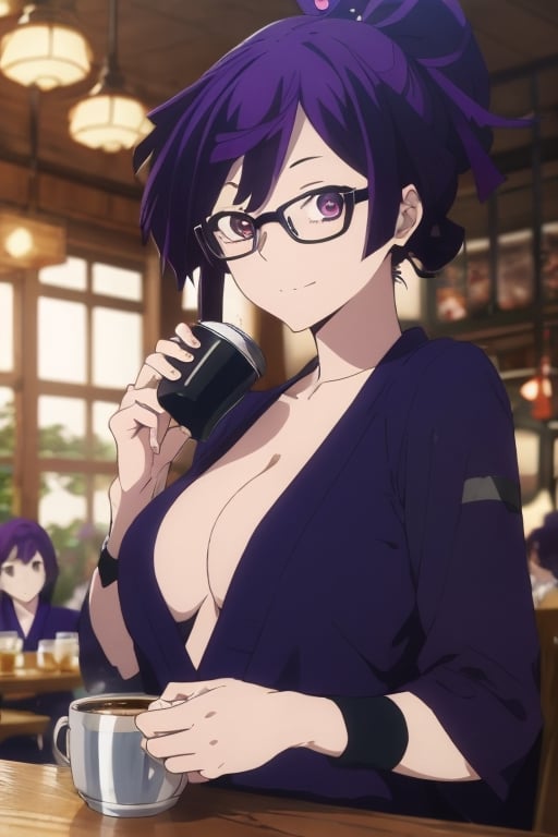 (masterpiece), ((best quality)), yuzuriha_(jigokuraku), (extremely detailed), purple hair, brown eyes, cleavage, big breasts, bun, ninja, fancy clothes, long yellow sleeves, white shirt, glasses black sun, bright eyes, drinking coffee in a restaurant, shadows