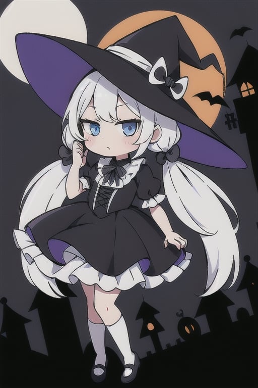 1girl,  ((white_hair,  twin_tails,  long_hair, chibi,  blue_eyes, frilly, witch_costume, witch_hat, magic_wand, gothic_lolita, black_cat, halloween, full_moon)),  posing