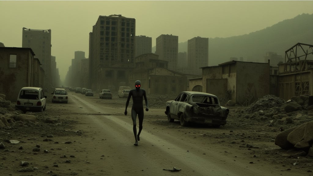 On an abandoned highway near an small apocalyptic town, a creepy humanoid creature with a nightmarish, surreal form, inspired by Zdzislaw Beksinski's style, runs past wrecked cars and crumbling ruins. The scene is bathed in a grim, dusky light, with desolate, wrecked vehicles scattered across the road and a haunting, decayed cityscape looming in the background, creating an atmosphere of eerie desolation and impending doom. Photorealistic