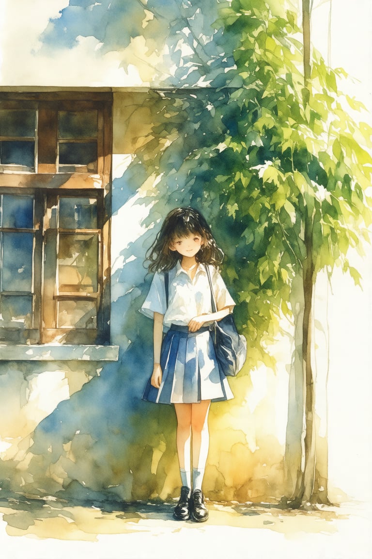 watercolor \(medium\), 1girl, solo, shirt, skirt, bag, short sleeves, white shirt, brown hair, outdoors, shoes, looking at viewer, sunlight, smile, painting, shadow, standing, bangs, building, window, long hair, pleated skirt, shoulder bag, black footwear, day, medium hair, leaf, brown eyes, closed mouth, dappled sunlight, blush, plant, blue skirt, black hair, full body, socks, tree, scenery, house, artist name, black eyes, signature, wide shot, dutch angle, summer, shade, no humans, short hair, simple background, school bag