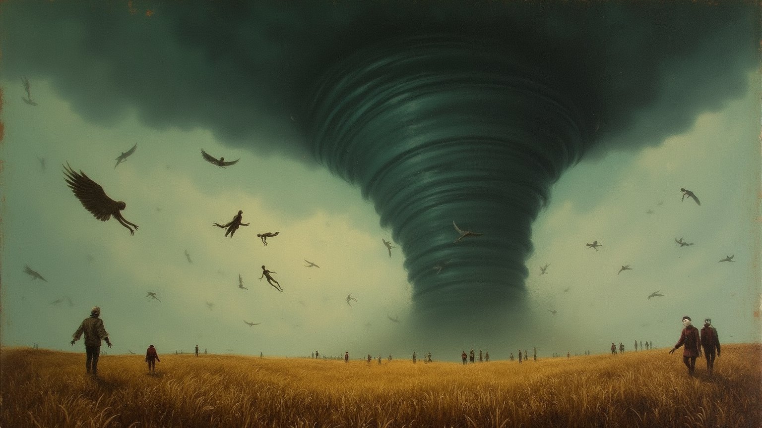 (vintage faded eldritch art), (painting made by John Kenn Mortensen), (((screaming peasants bodies fly in sky around a huge tornado in the middle of a field))), (creepy storm weather background), masterpiece, megalophobia, unsettling feel, saturated colors, photorealistic, by John Kenn Mortensen