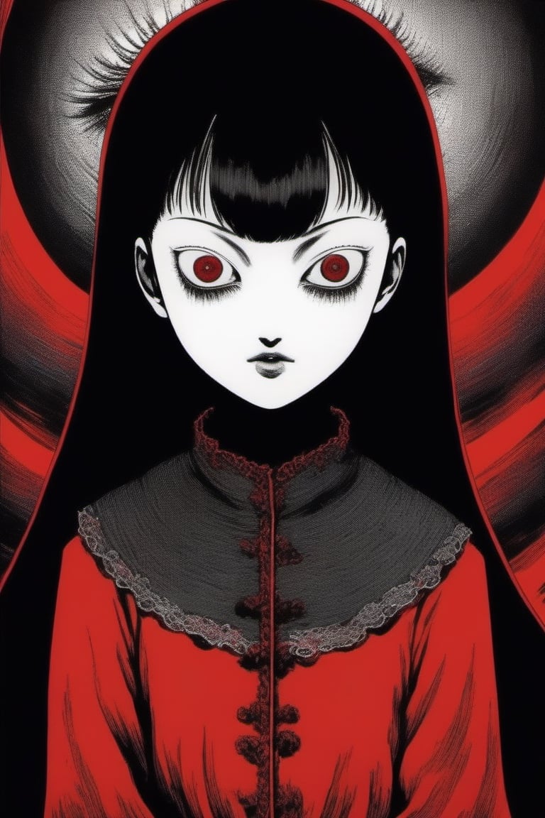 Huge and terrifying,perspective,JunjiIto,JunjiIto_qz, 1girl, solo, black hair, mole under mouth, looking at viewer, mole, red background, portrait, hair over one eye, wide-eyed, monochrome, traditional media, one eye covered, 