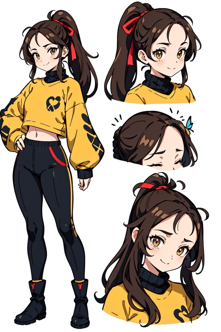 (CharacterSheet:1), (multiple views, full body, reference sheet:1),(simple background, white background),(masterpiece:1.2),  best quality ,1girl, cowboy shot, brown eyes, up close, wearing long pants, hair tied up, brown hair with yellow highlights, happy_face, visible forehead, hands_raised , half_up_hair, adventure outfit, smiling, medieval_outfit, sweater, jumper,  boots, no bangs, tracksuit, long_ponytail, hair_clips, wrist_band, ribbon_in_hair, 18 year old, cheerful, balancing pose, legs apart, looking at butterfly, undressing, stripping, lift_shirt, sex, naked, shy, head turned, looking_over_shoulder, medium_ass, back_view, from behind, backside, ass, back turned, hands on hips