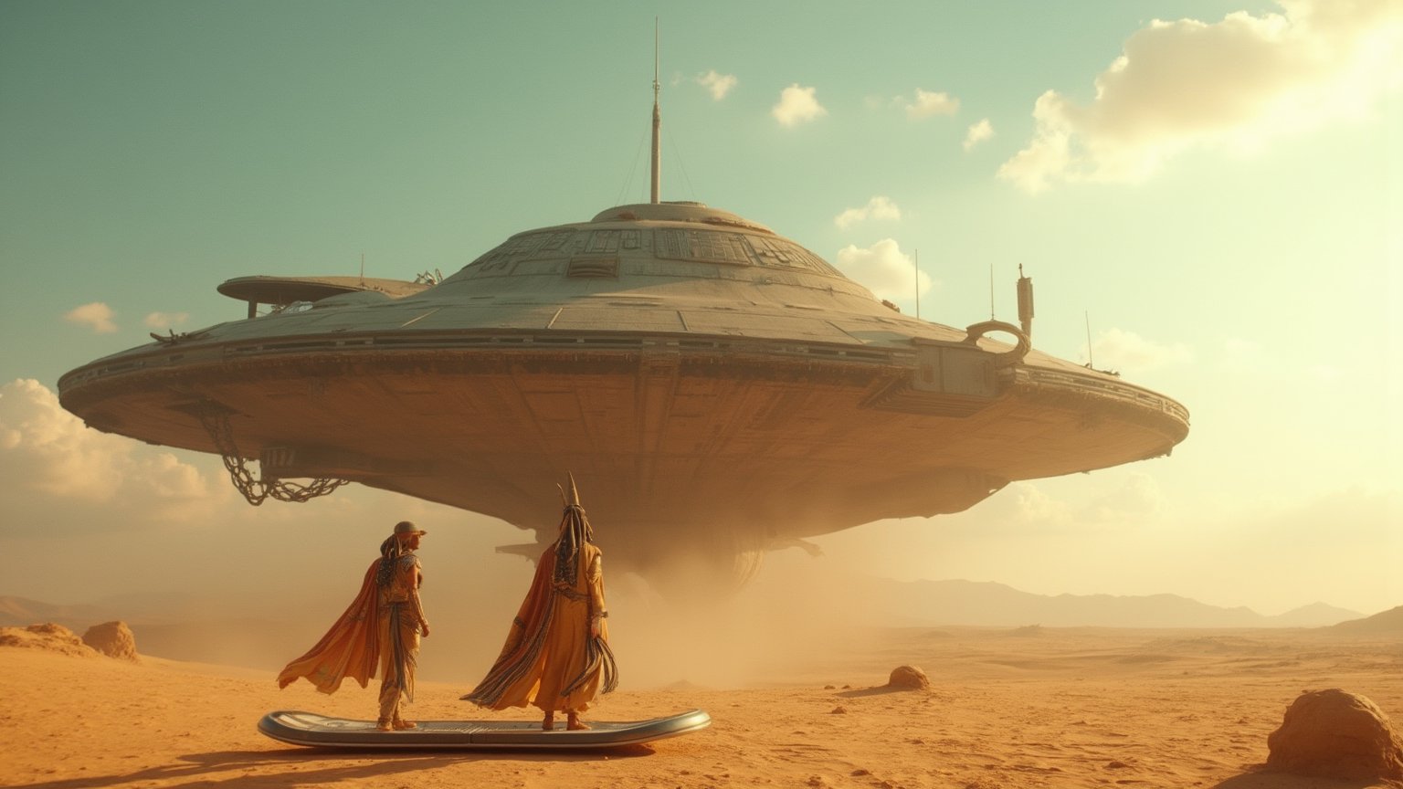 Ultra realistic close-up analog photo, depth of field, cinematic movie still, Egyptian gods stand on a levitating hoverboard in front of a huge mothership in the desert.