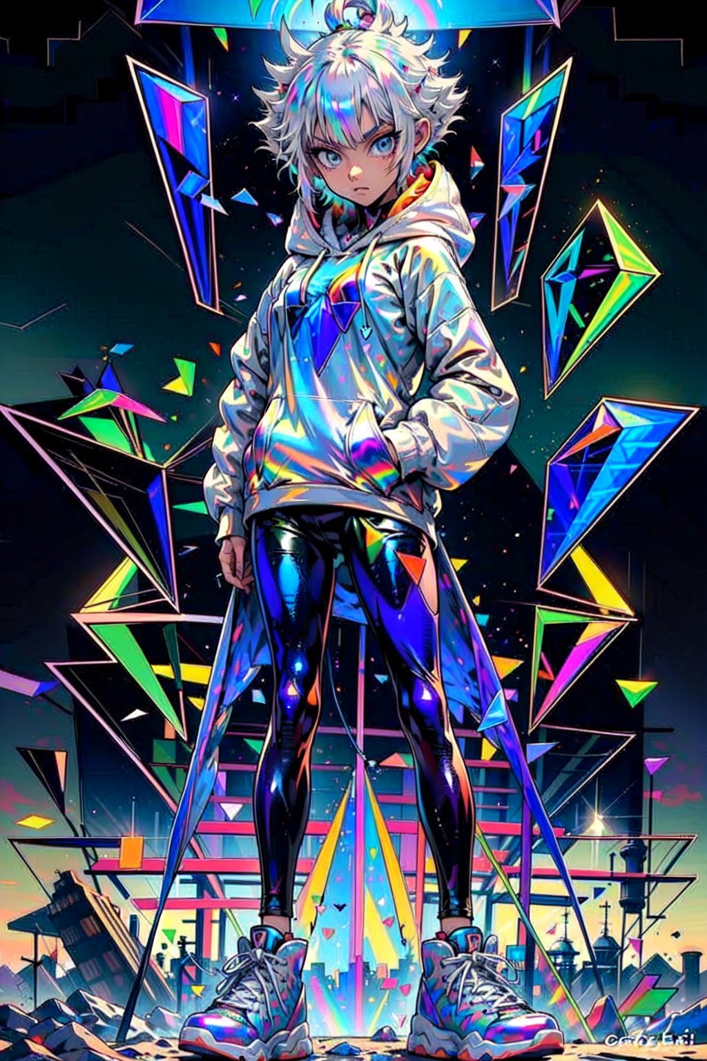 ((a young anime women:1.2)), ((long white hair:1)), blue eyes, wearing a hoodie and sneakers,((standing:1.2)),surrounded by colorful geometric shapes shapes(rainbow holographic, rainbow colors,iridescent, prismatic, spectral and shimmering