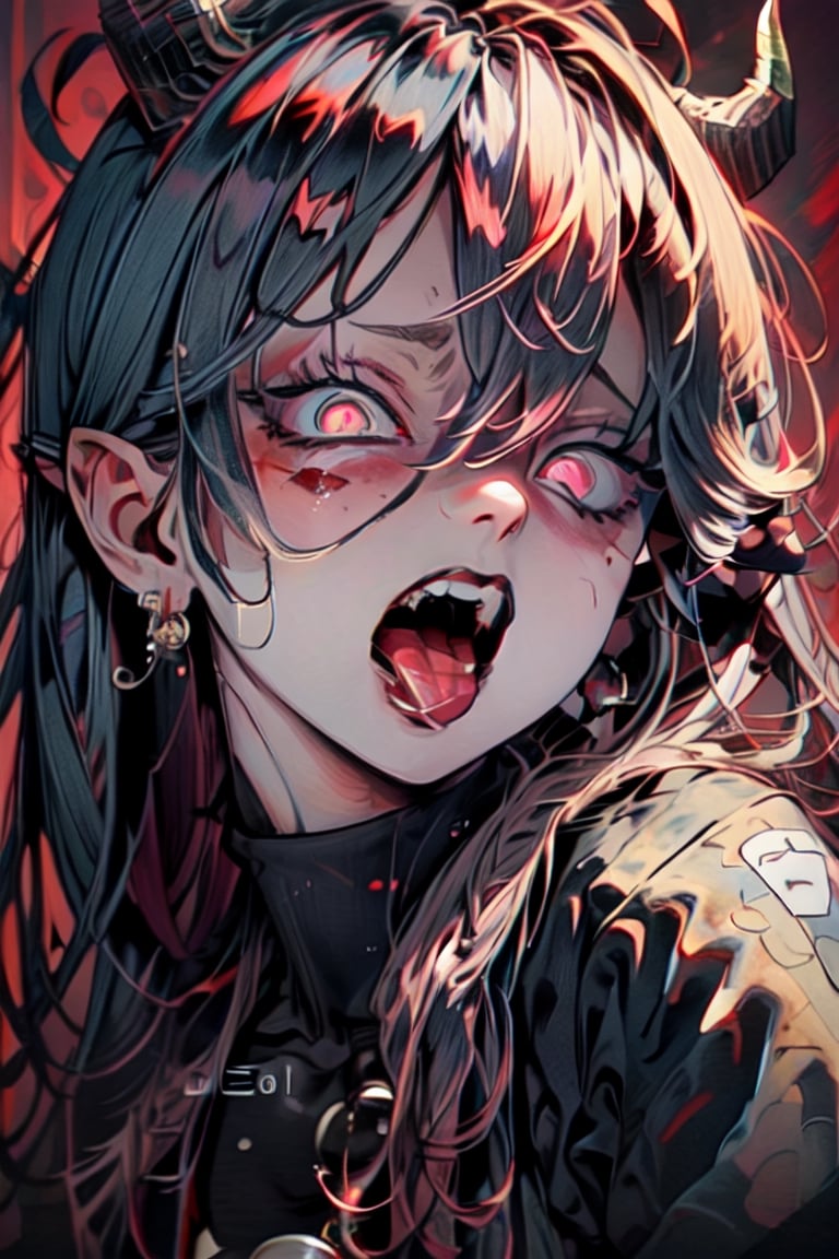 Yandere, 1girl, solo, long hair, looking at viewer, open mouth, simple background, black hair, red eyes, hair between eyes, jewelry, upper body, earrings, horns, teeth, tongue, pointy ears, artist name, tongue out, pink eyes, saliva, turtleneck, fangs, demon girl, sharp teeth, slit pupils, glowing eyes, red background, uvula, forked tongue, original_character,SakuraMiko