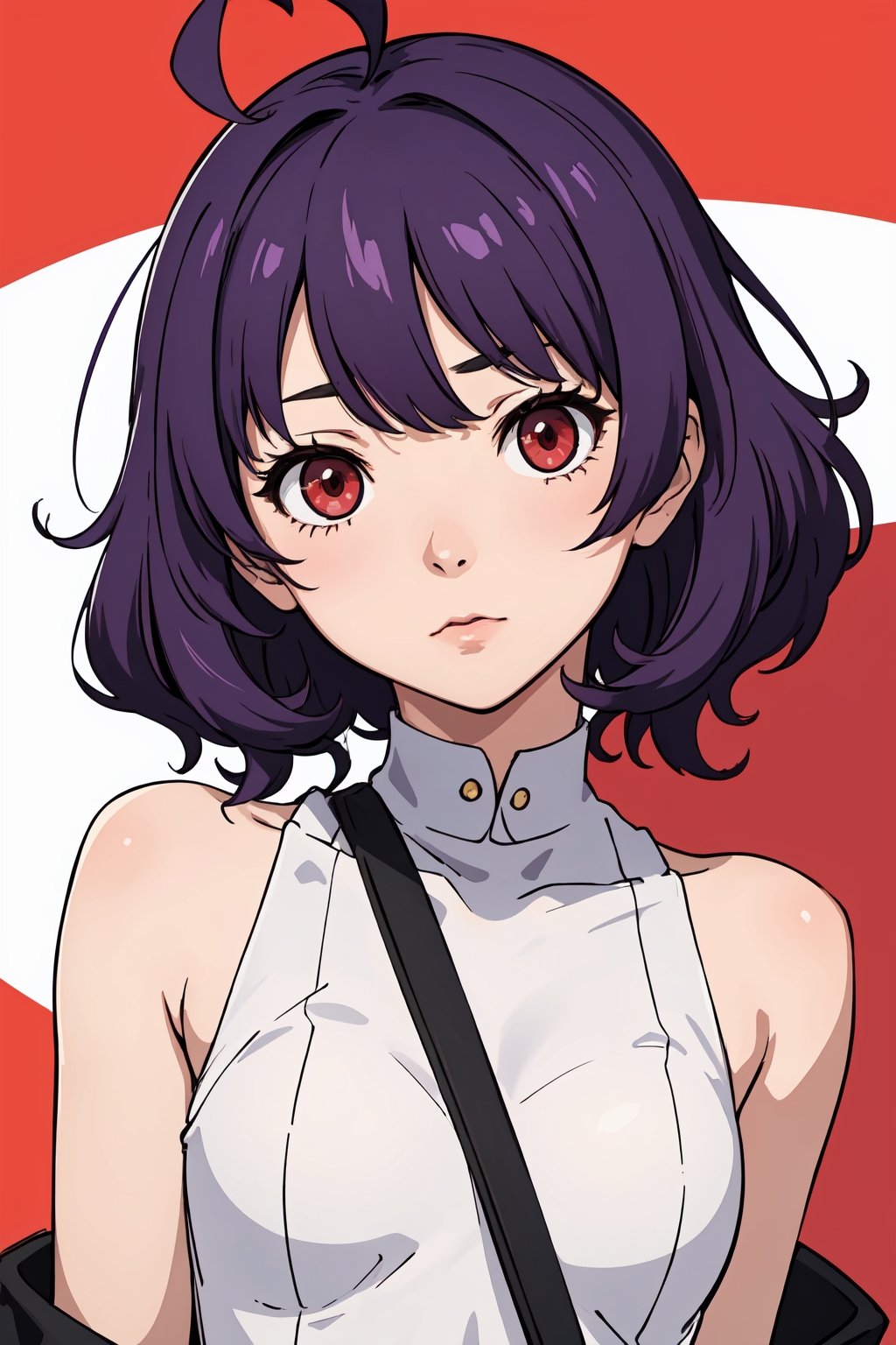 1girl, purple hair, red eyes, hairintakes, ahoge, petite, medium hair, tsundere, curly hair,