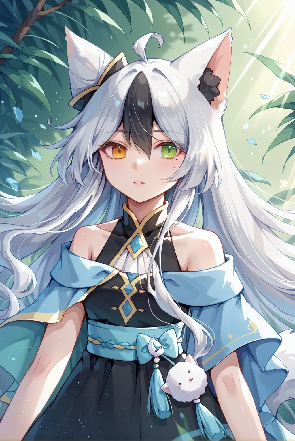 Create a high-definition image of a woman,  natural light, light rays, raytracing, 
1girl,ahoge,white hair,multicolored hair,black hair,very long hair,tail,heterochromia eyes,green eyes,yellow eyes,fox ears,fox tail,mole under eye,score_9, score_8_up, score_7_up,source_anime,