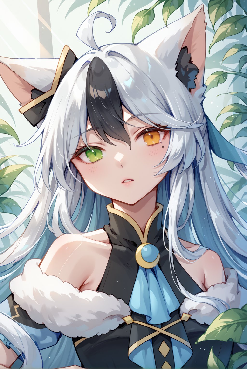 Create a high-definition image of a woman,  natural light, light rays, raytracing, 
1girl,ahoge,white hair,multicolored hair,black hair,very long hair,tail,heterochromia eyes,green eyes,yellow eyes,fox ears,fox tail,mole under eye,score_9, score_8_up, score_7_up,source_anime,