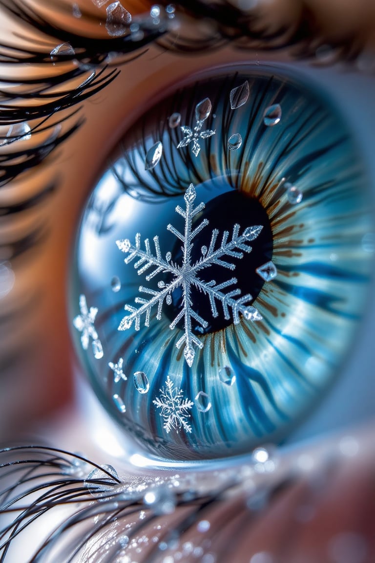 Within an azure iris,  a captivating winter wonderland unfolds. Framed by delicate frost patterns,  a perfect snowflake re...