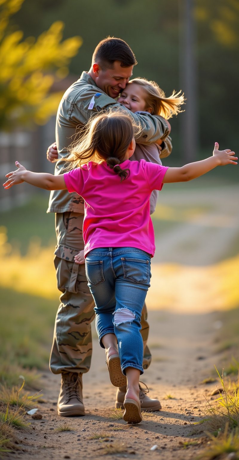 A tender reunion unfolds: a young girl in a bright pink shirt and distressed denim jeans sprinting towards her father,  cl...
