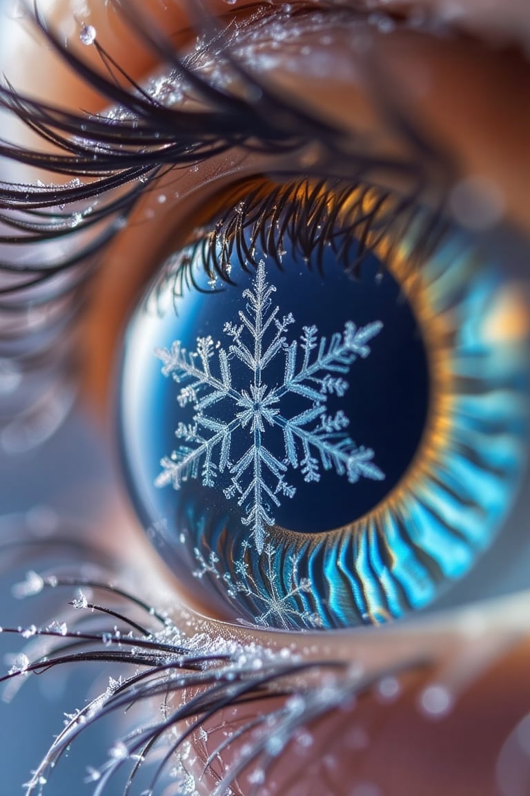 A captivating winter wonderland unfolds within the depths of an azure iris. Framed by delicate frost patterns,  a perfect...