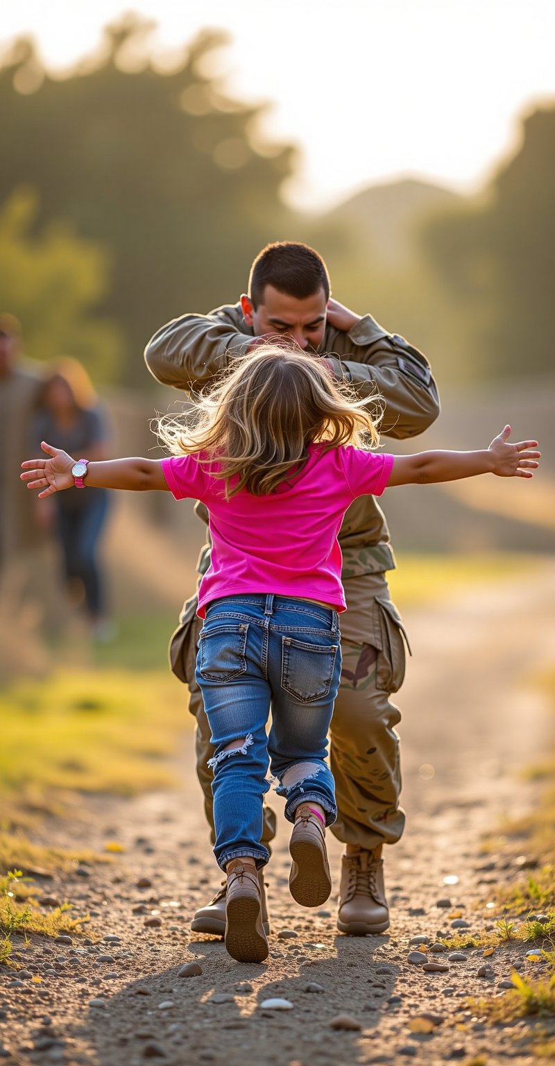 A tender reunion unfolds: a young girl in a bright pink shirt and distressed denim jeans sprinting towards her father,  cl...