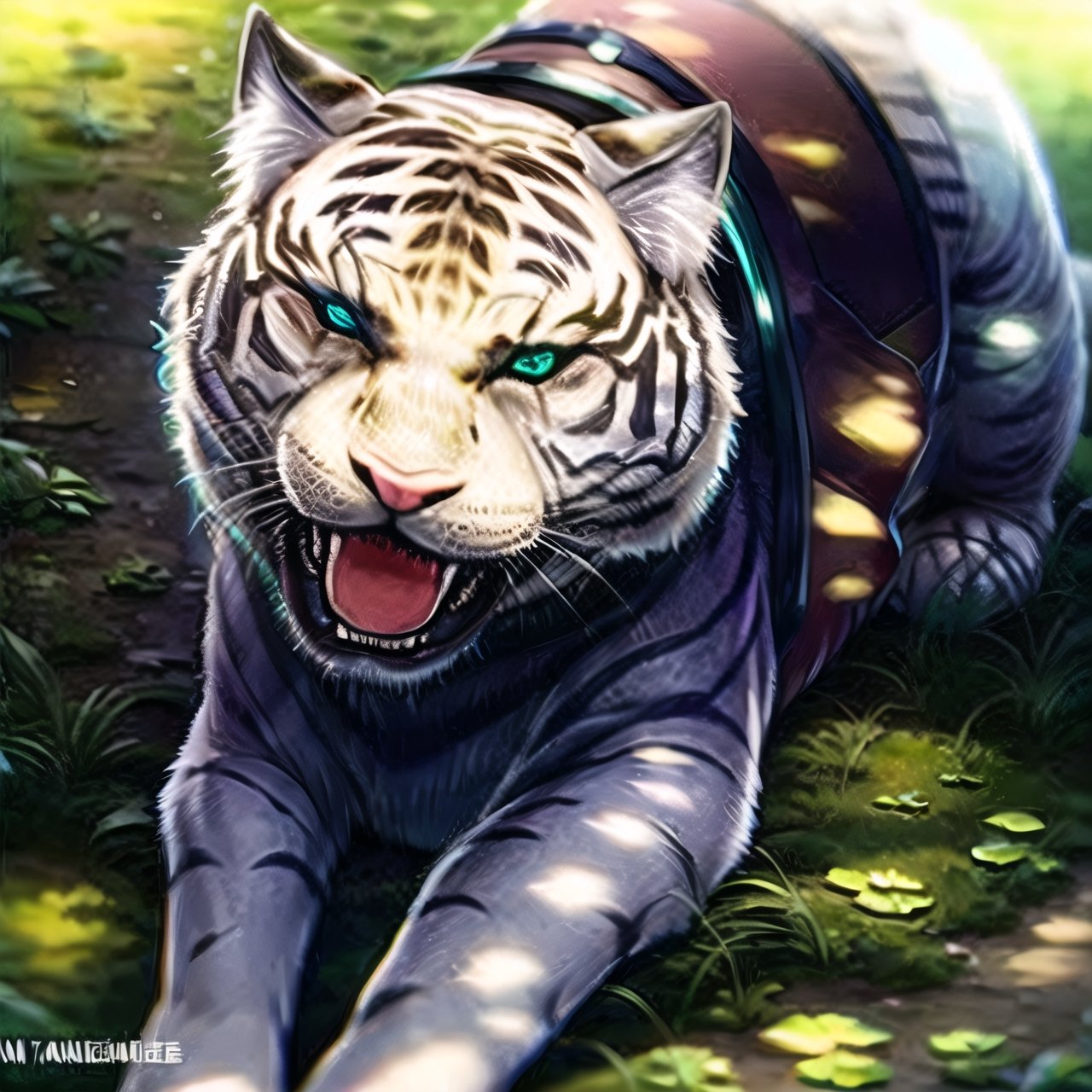 tiger, no humans, animal, looking at viewer, animal focus, green eyes, white tiger, blue eyes, colored sclera , 