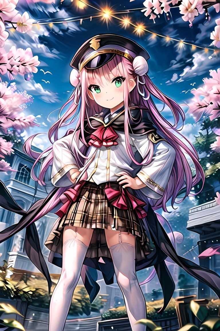 masterpiece, best quality, highres, {beautiful detailed eyes}, finely detail, beautiful detailed eyes, petite, white_thighhighs, plaid skirt, uwabaki, Isekai cityscape,1girl, solo, (hair ribbon:0.4), green eyes,cinematic angle,perspective,church,black skirt dress, flower pattern in dress, street, hands on hips