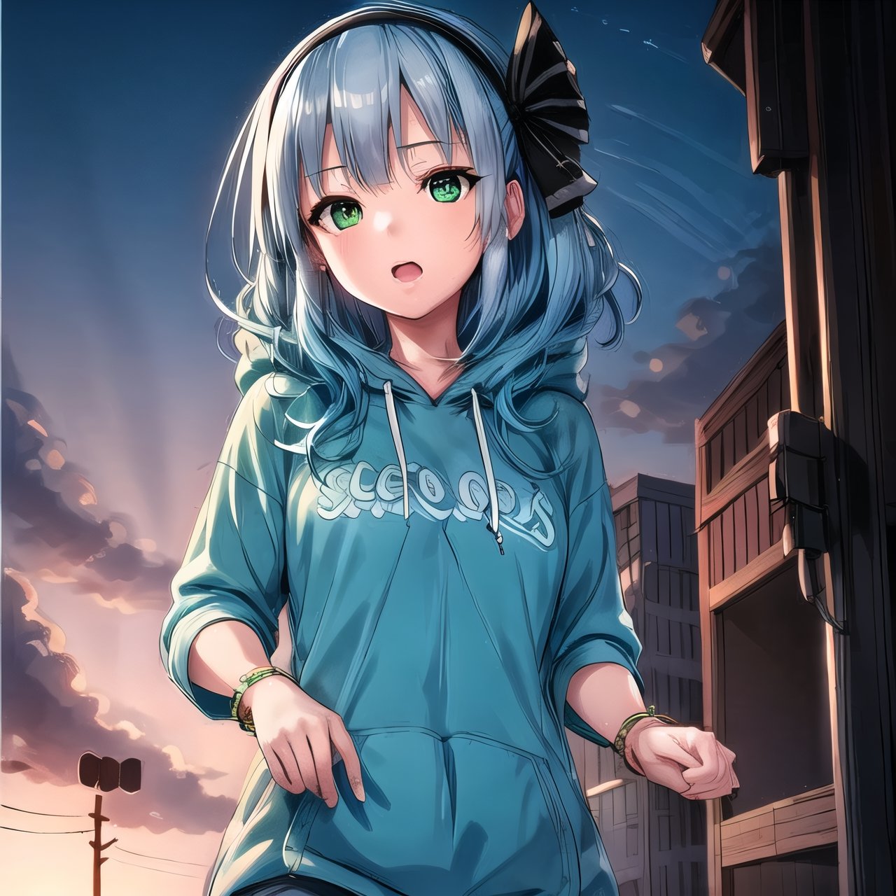 extremely detailed CG unity 8k wallpaper, realistic, hand by Guido Daniele1girl, green eyes, konpaku youmu, open mouth, solo, hood, hoodie, outdoors, sky, day, hairband, sparkle, black hairband, cloud, blue sky, contemporary, short sleeves, green hoodie, ribbon, alternate costume, hair ribbon, bangs, long hair, skirt, black ribbon, clenched hands, blue hair, drawstring, bracelet, :o