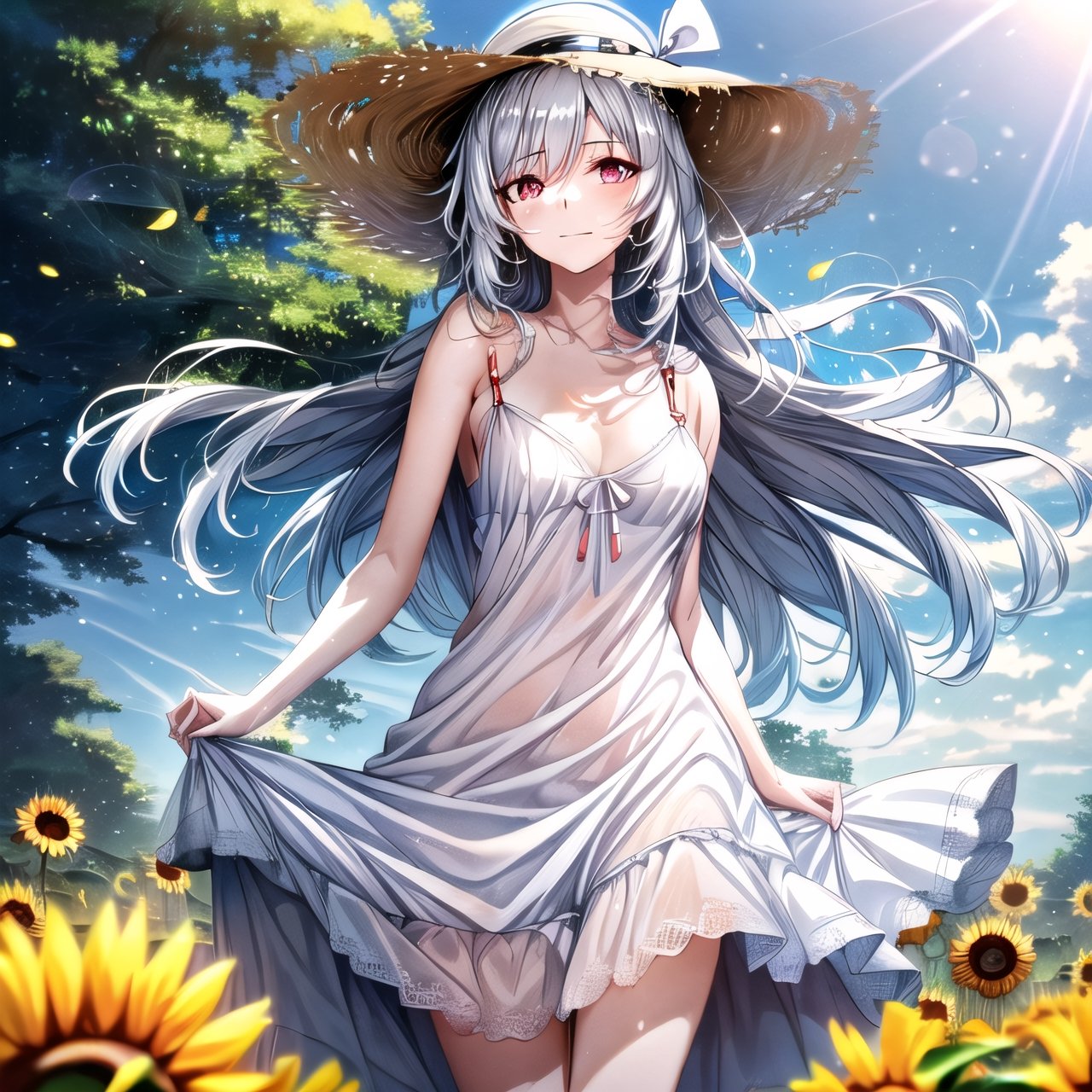 1girl, jingliu \(honkai: star rail\), (white dress, sundress, chemise:1.6), silver hair, floating hair, adjusting hair,  sunflower, outdoor, wind turbine, happy, sun hat, depth of field