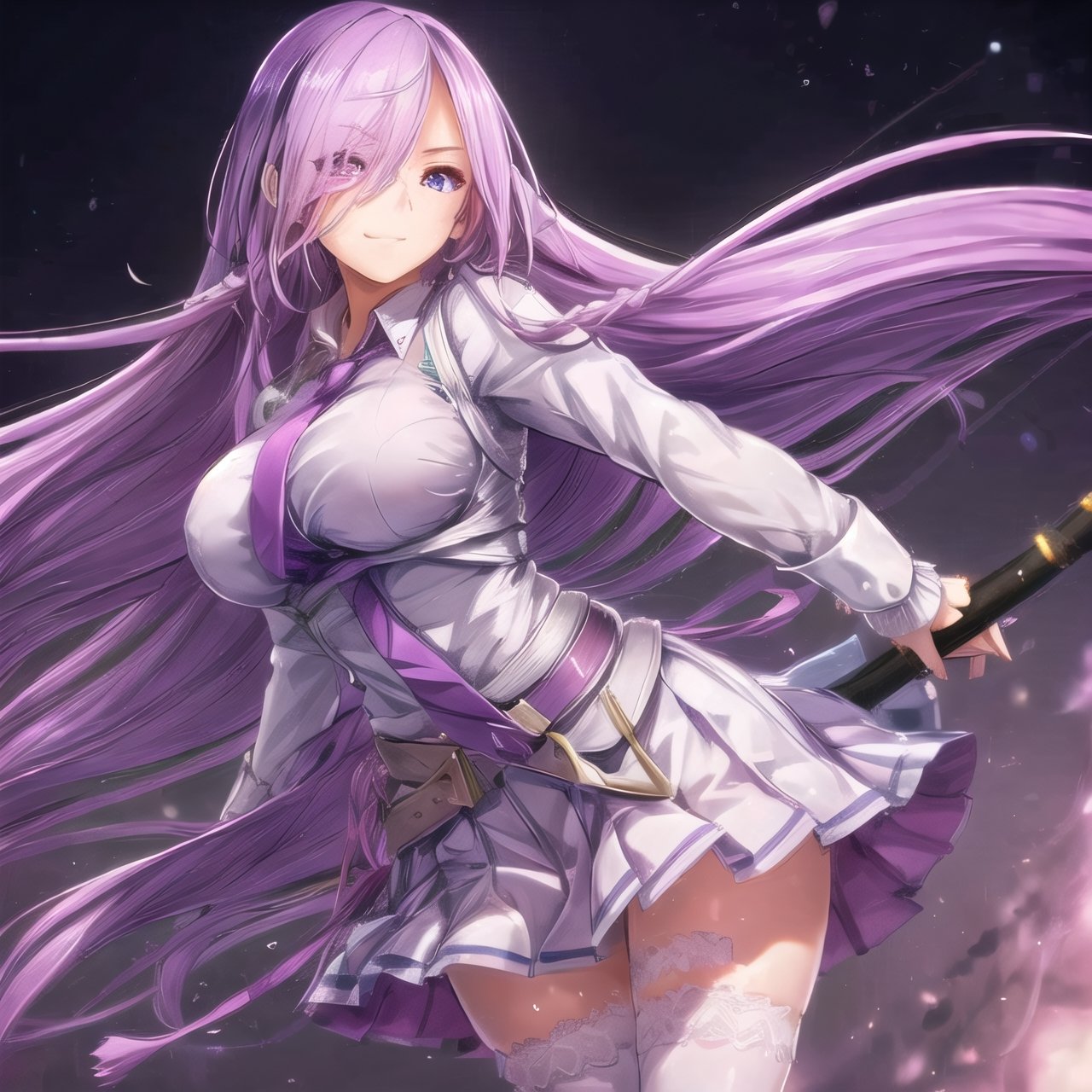 1girl, long hair, solo, skirt, purple eyes, necktie, breasts, purple hair, weapon, very long hair, white skirt, polearm, smile, large breasts, pleated skirt, low-tied long hair, holding, looking at viewer, thighhighs, shirt, purple necktie, hair over one eye, holding weapon, white shirt, eyes visible through hair, belt, long sleeves, ((masterpiece)), (((best quality))), ((ultra-detailed)), ((illustration)), finely detail, extremely detailed CG unity 8k, highres, beautiful detailed eyes, finely detail, beautiful detailed eyes,   ,starry sky, moon ball, 