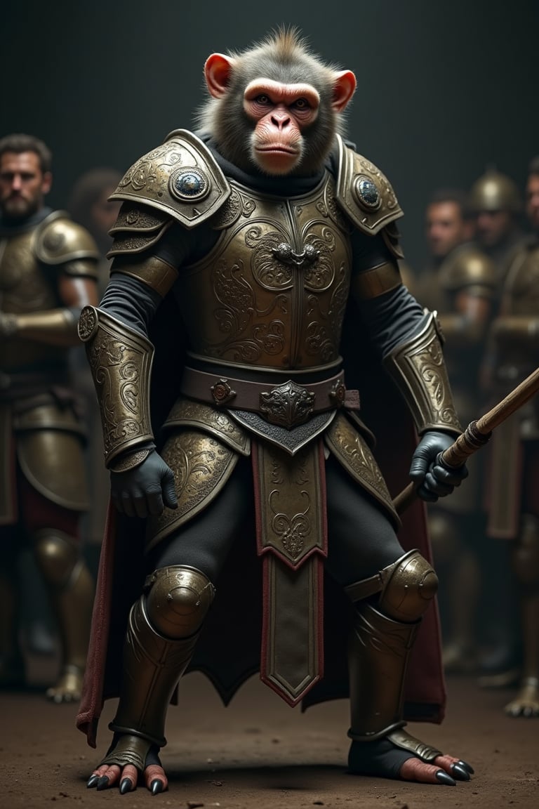 In the picture, a humanoid monkey has a fierce expression and is wearing a full set of armor with complicated patterns.. The armor appears to be made of metal and has a shiny finish. Humanoid monkey holding a stick in his right hand and standing in front of a dark background with a group of people in the background. The overall mood of the image is intense and powerful.