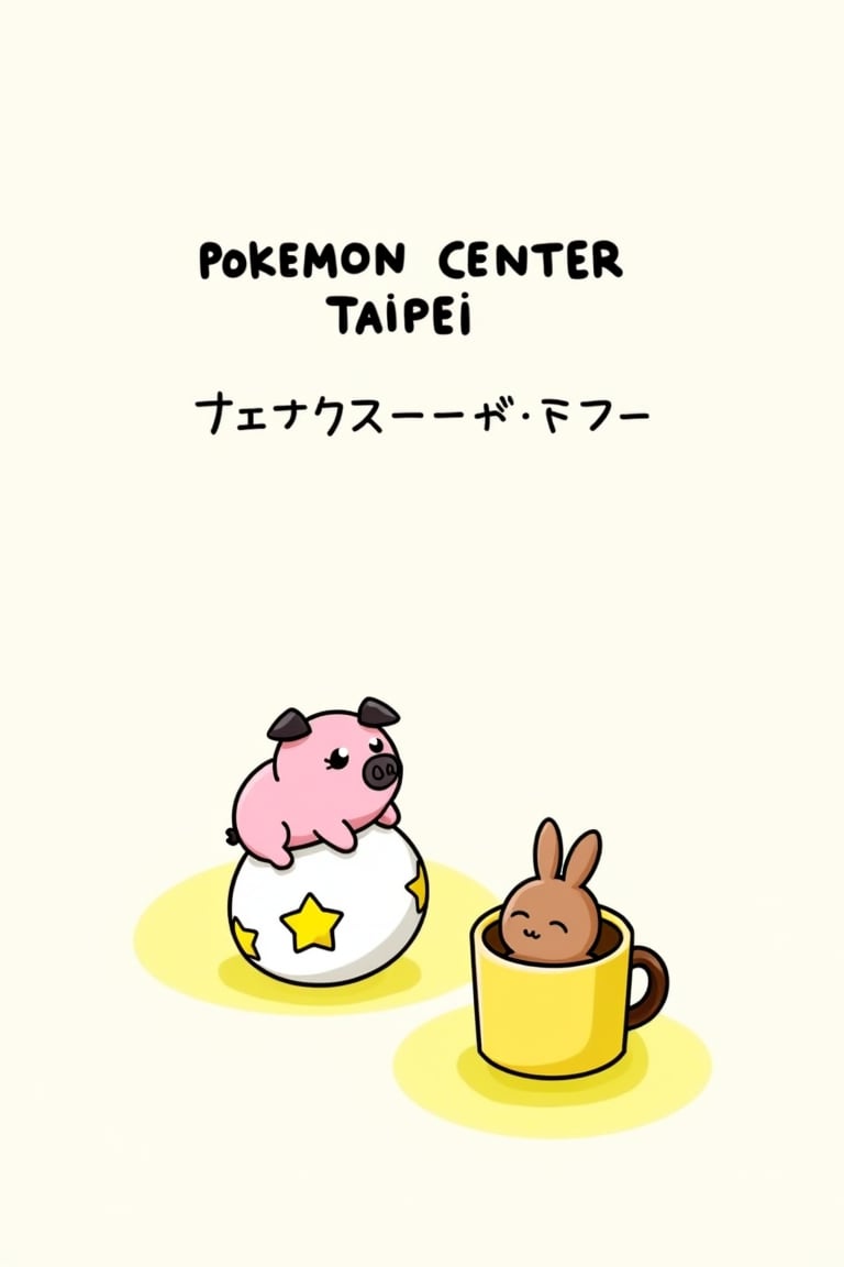 A whimsical illustration featuring a pink pig perched atop a star-adorned white egg on a pristine backdrop. The pig's black ears, nose, and mouth add contrast. To the right, a yellow mug with a brown handle holds a small brown rabbit, positioned against a white surface surrounded by a bright yellow circle. Above, bold black text reads POKEMON CENTER TAIPEI with smaller, cursive text in another language below.