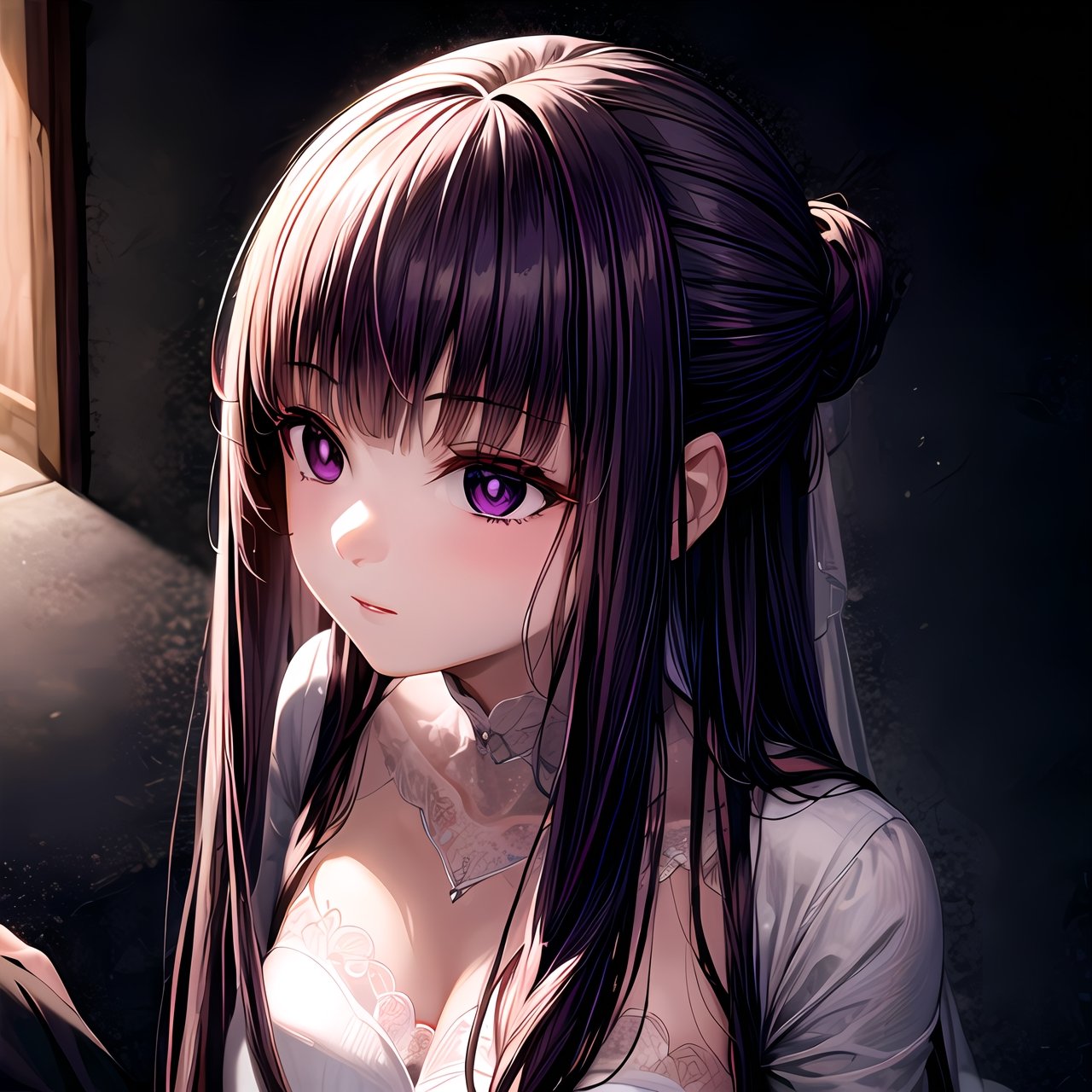 fern,1girl,luxury wedding dress
long hair, bangs, (purple eyes:1.1), purple hair, sidelocks, blunt bangs, bright pupils, half updo